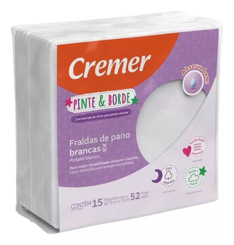 Fralda de Pano Branca Pinte e Borde 15 Unidades Cremer