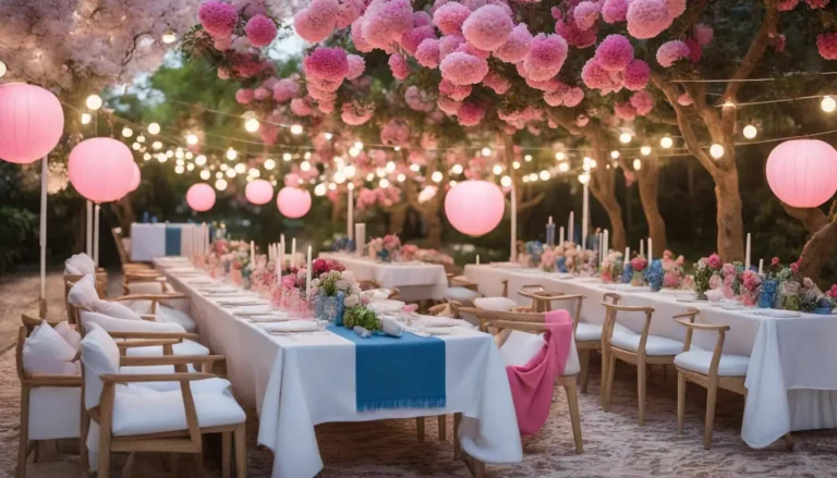 Decoração de chá de revelação ao ar livre com balões azuis e rosas, mesa com cupcakes e convidados celebrando.