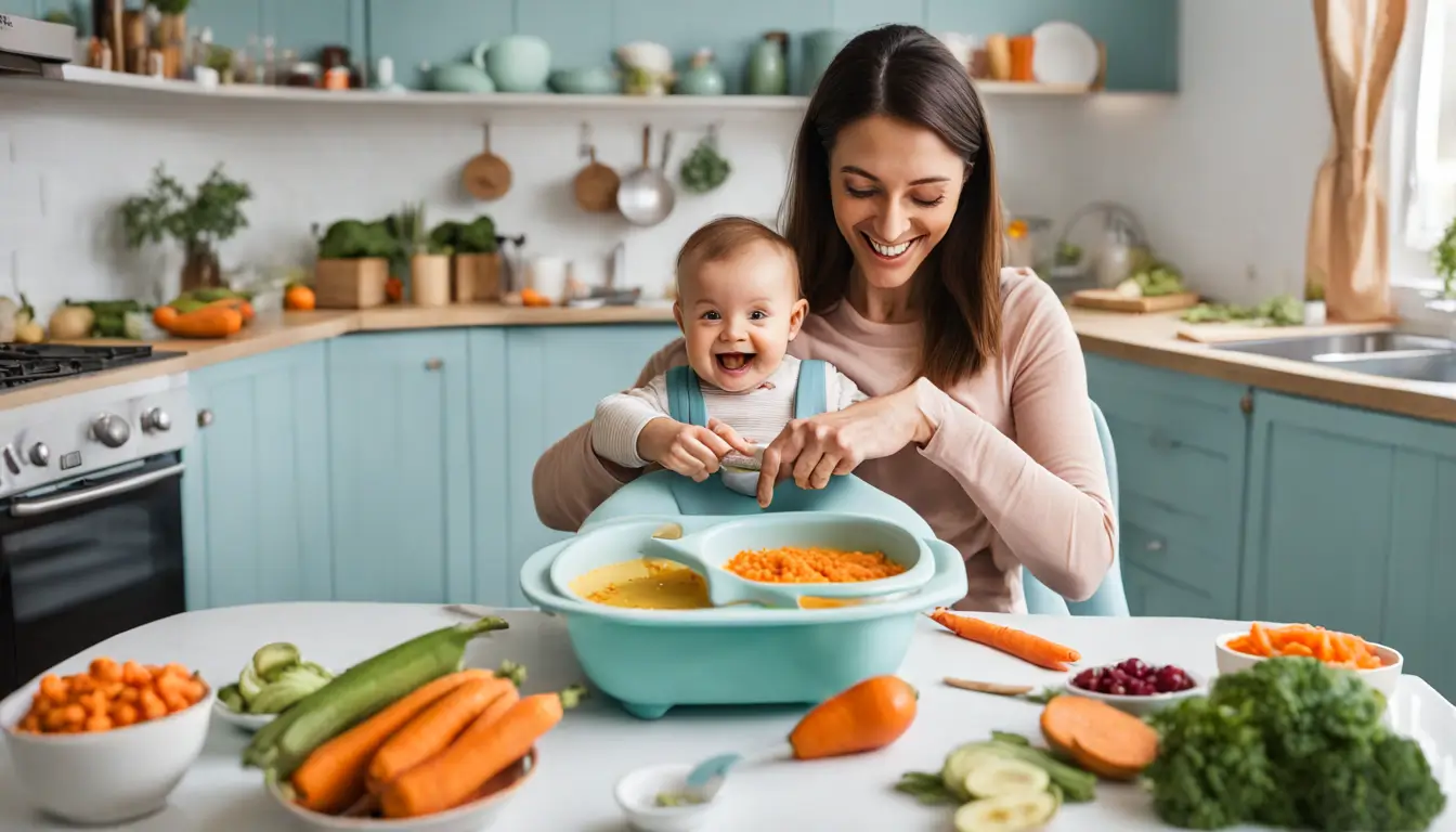 Mãe alimentando seu bebê com comida complementar, incluindo frutas e legumes amassados, numa cozinha moderna e alegre.