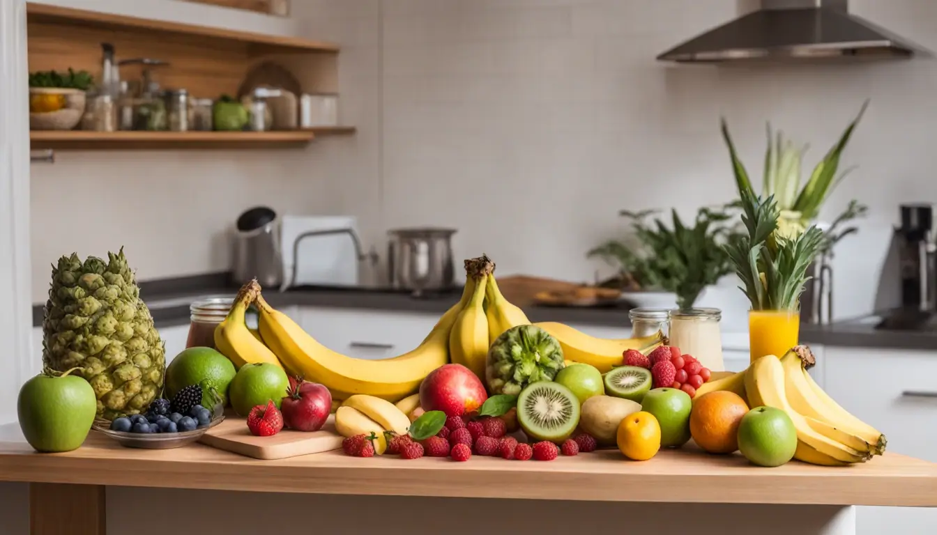 Imagem de alimentos para bebês, incluindo frutas frescas, vegetais cozidos, leite e mamadeira, com luz natural de fundo, para dicas de nutrição.