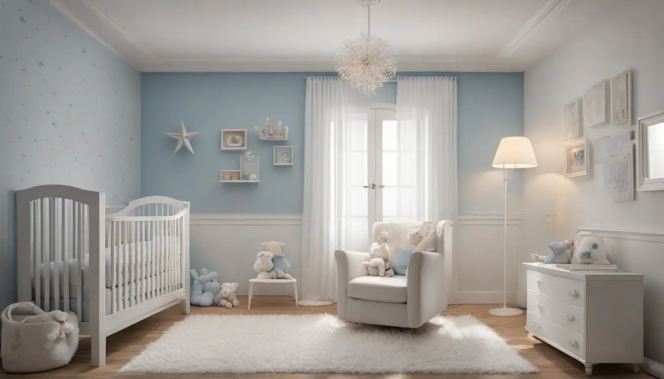 Mãe cuidando de um recém-nascido em um quarto de bebê azul claro com berço branco, luz noturna suave e cadeira de amamentação.